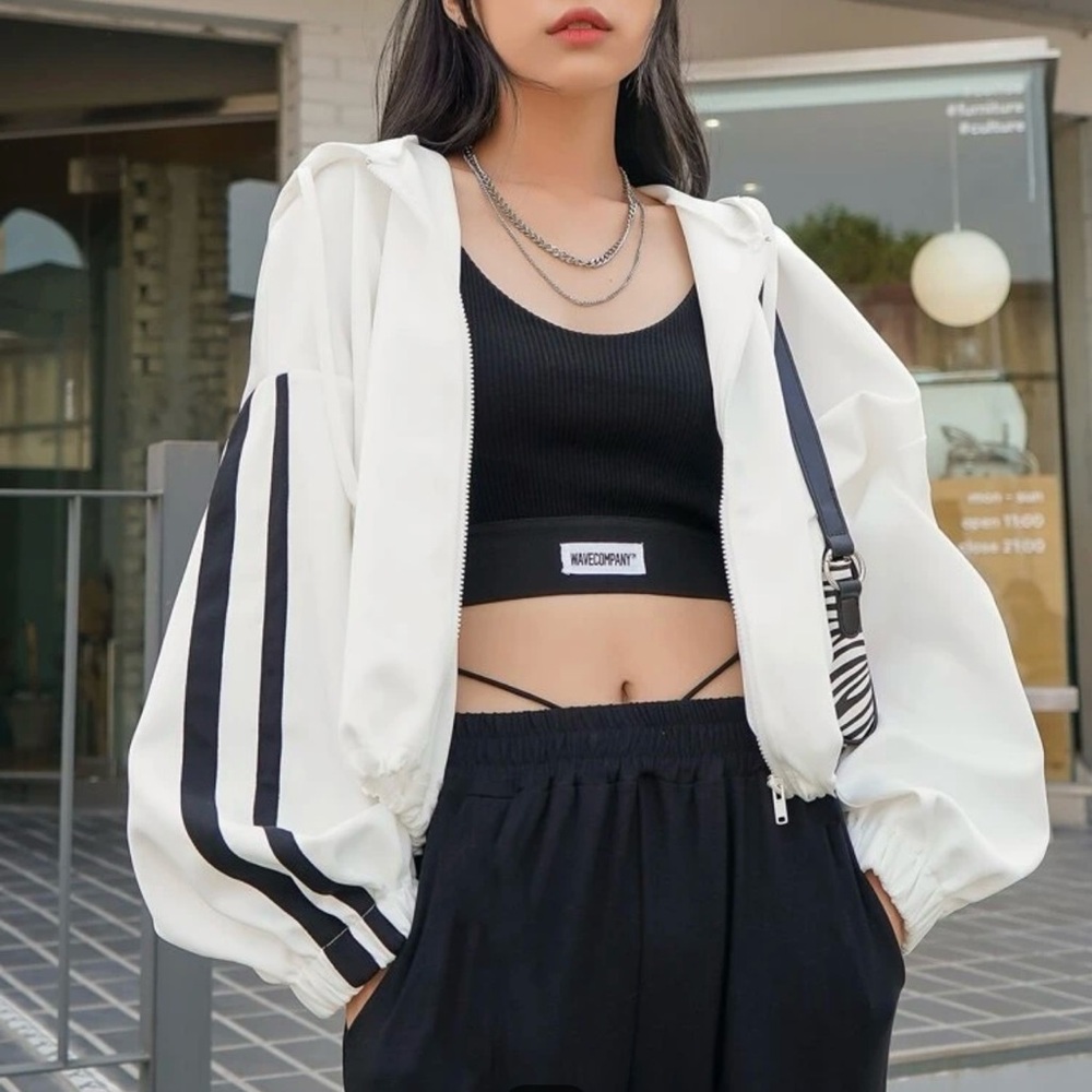 DAZY Zip Up Contrast Sleeve Drawstring Hooded Sweatshirt